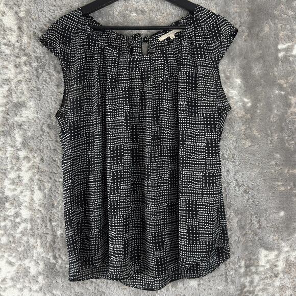 41 Hawthorn Size L Polka Dot Casual Keyhole Tie Top Black Cap Sleeve - Picture 1 of 6